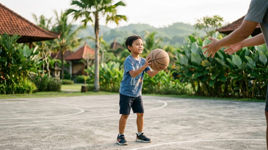 melatih anak autis bermain lempar tangkap bola basket